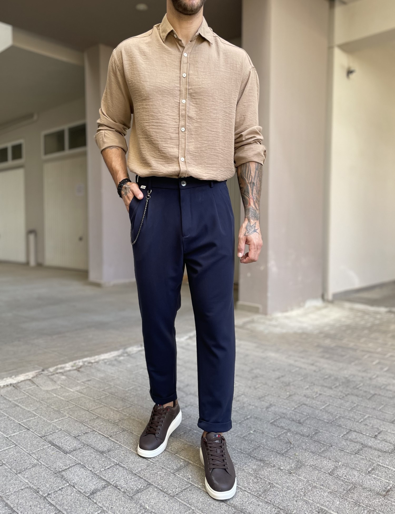 Joggermen ανδρικό μπλε υφασμάτινο παντελόνι με πιέτες και λάστιχο στην μέση 2003N φωτογραφία